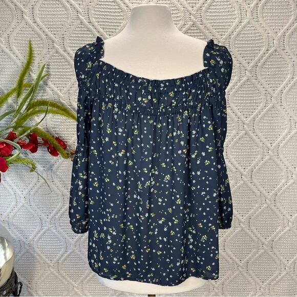 CECE Navy Blue Long Puffy Sleeve Ditsy Floral Cottagecore Blouse Top Sz Medium - Picture 4 of 7
